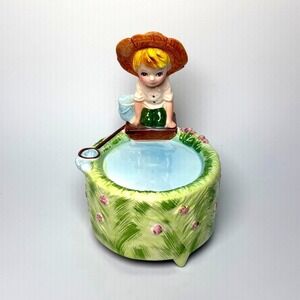 Vintage Ceramic Boy Fishing Music Box Oh What A Beautiful Morning